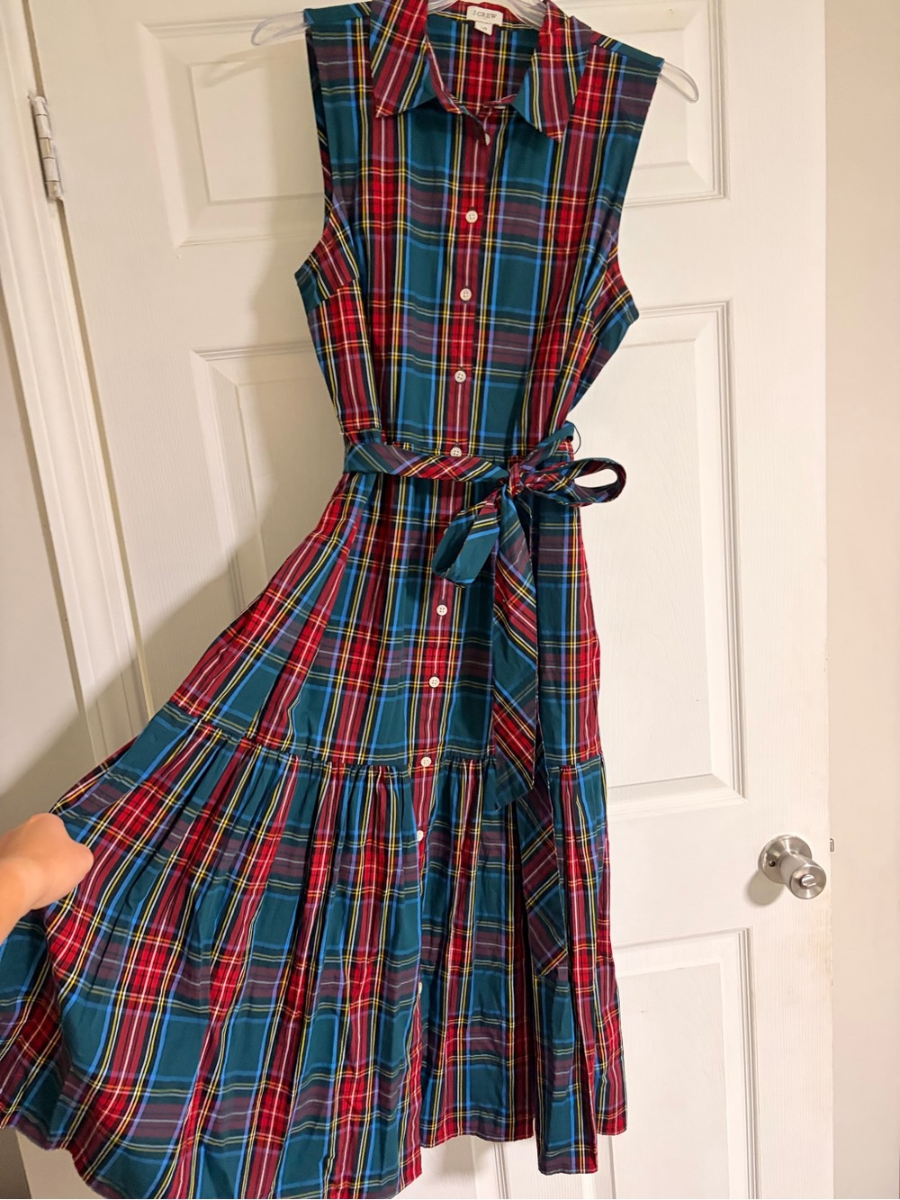 J. Crew Sleeveless Plaid Shirt Dress in Red & Teal